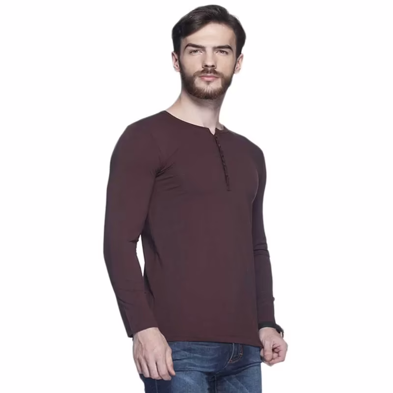 Season Tinted Coffee Brown Solid Henley T Shirt - Image 4
