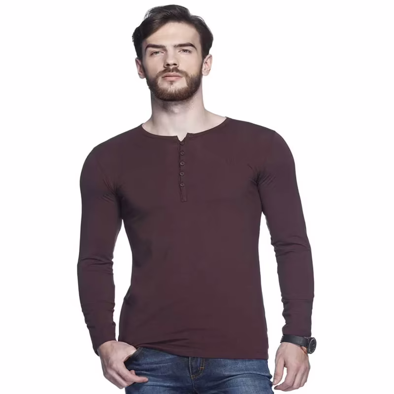 Season Tinted Coffee Brown Solid Henley T Shirt