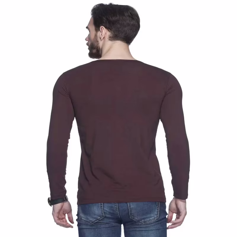 Season Tinted Coffee Brown Solid Henley T Shirt - Image 3