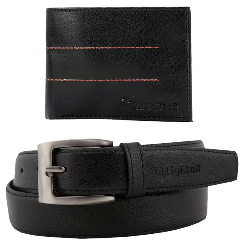Black Men Leather Belt with Wallet