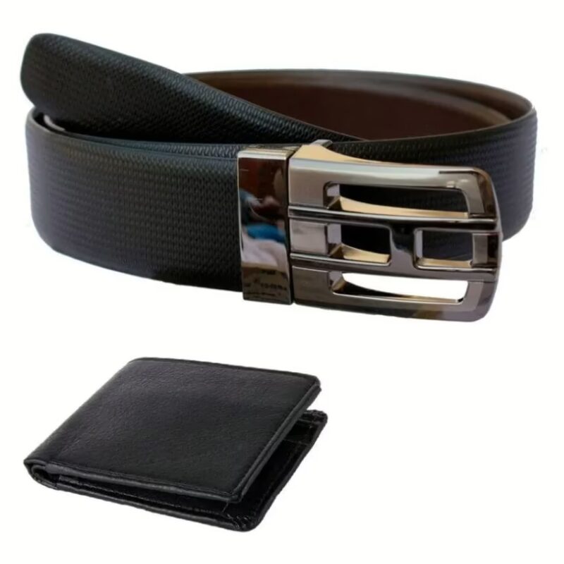 Black Leather Belt for Men with Wallet
