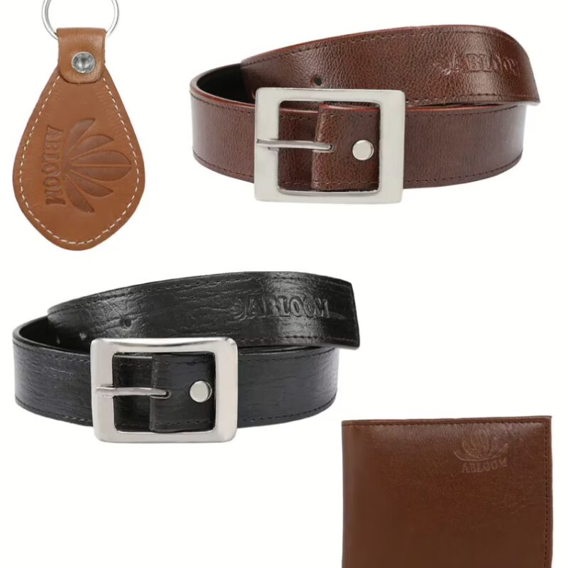 Combo of Black and Brown 2 Leather Belts for Men, Wallet and Key Chain