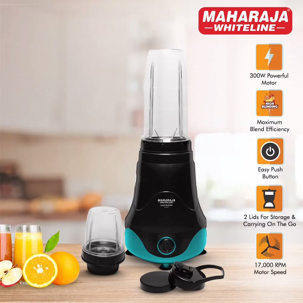 Maharaja Whiteline Easyblend MX-257 300 Juicer Mixer Grinder (2 Jars, Black, Turquoise Blue)