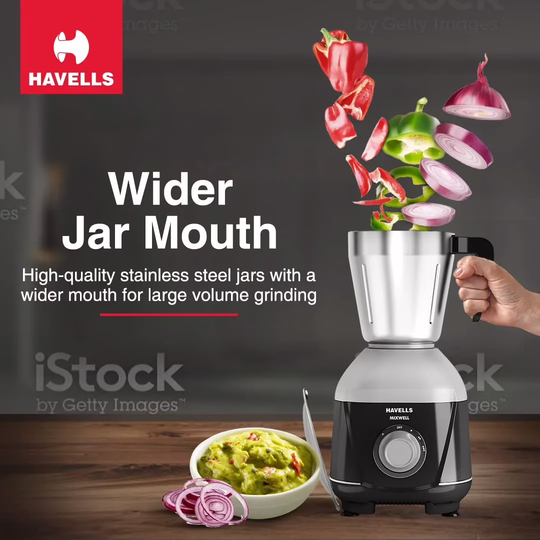 Havells Mixwell GHFMGCIK050 500 Mixer Grinder (3 Jars, Black Grey)