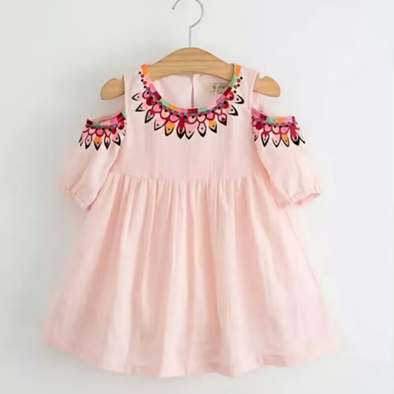 Pink Floral Neck Cotton Frock