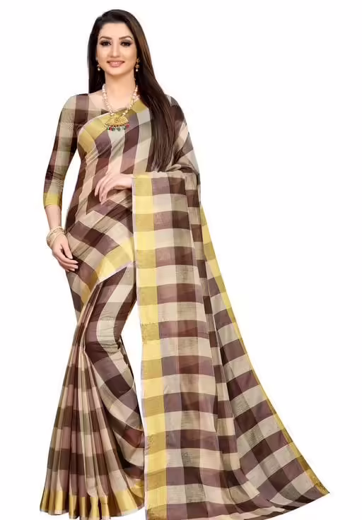Alisha Brown Check Petite Cotton Printed Sarees