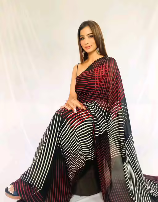 Adrika Georgette Black Stripes Printed Sarees