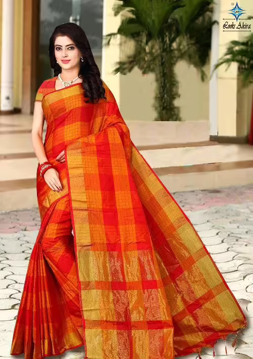 Aakarsha Orange Check Cotton Silk Sarees