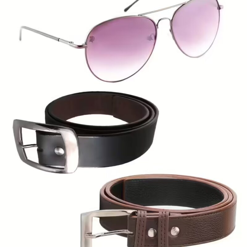 Brown Leather Belt For Men Pack Of 2 With Sunglasses