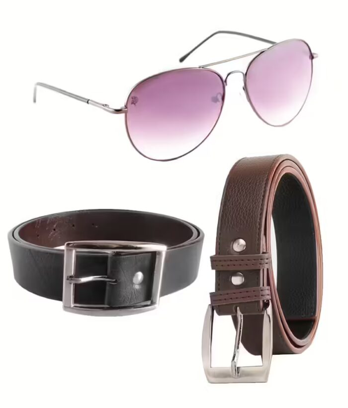Brown Leather Belt For Men Pack Of 2 With Sunglasses