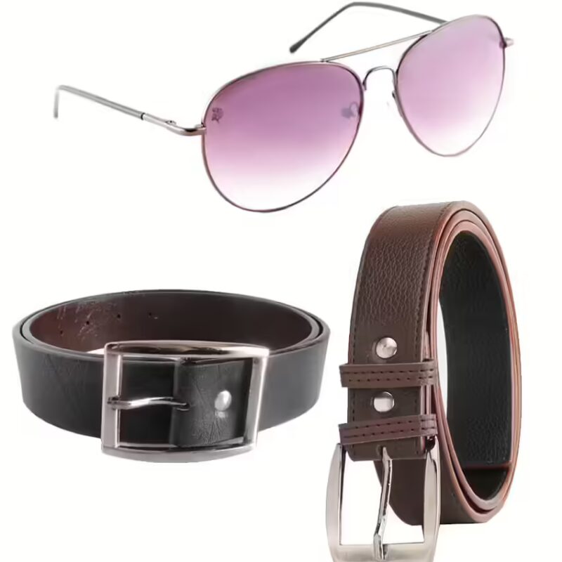 Brown Leather Belt For Men Pack Of 2 With Sunglasses