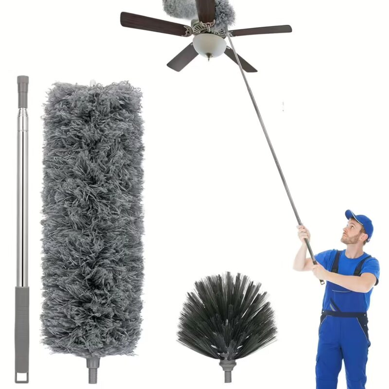 Seasons Upgraded 2 in 1 Microfiber Feather Ceiling Duster for Home Cleaning 100 inch Long Handle Bendable, Adjustable dust Cleaner Brush for High roof Cobweb Furniture Fan Mop Set, Grey