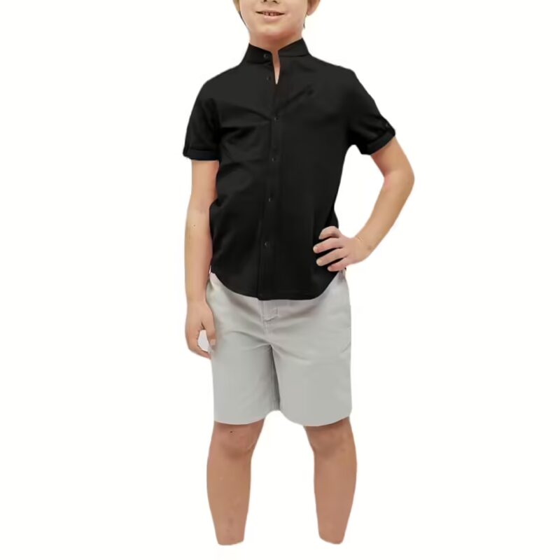 Boys Cotton Blend Mandarin Neck Black Shirt