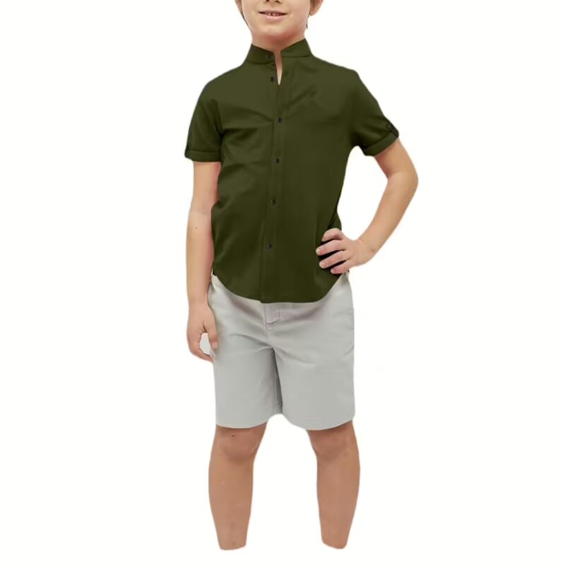 Boys Cotton Blend Mandarin Neck Mehandi Shirt