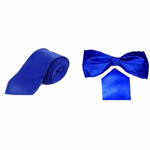 Collections Blue Polyester Matching Tie, Bow And Pocket Square