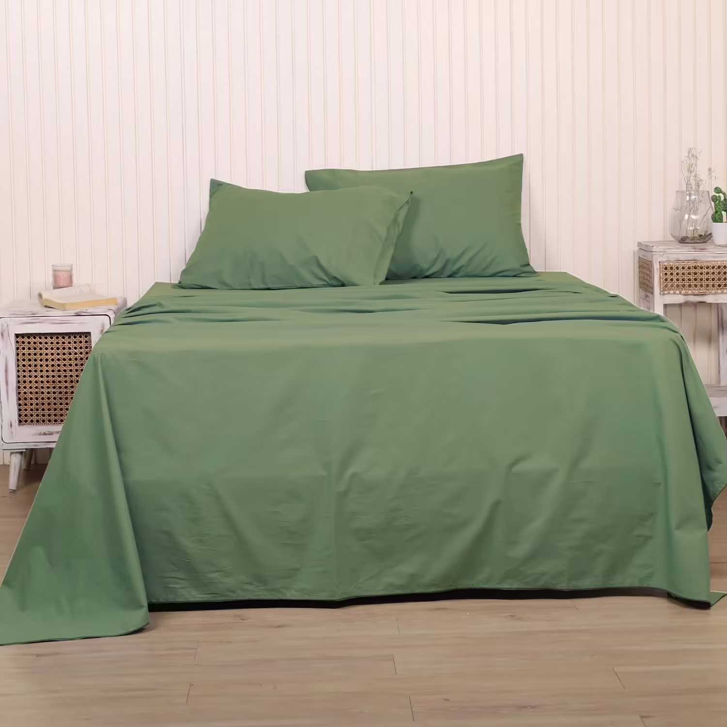 Seasons Cotton Linen Bedsheet for King Bed with Pillow Cover, Avocado Green