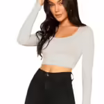 Women Solid Slim Fit Grey Crop Top