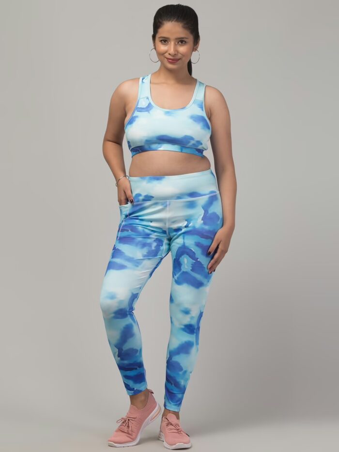Sky Blue Printed Women Gym Tights and Bra Set