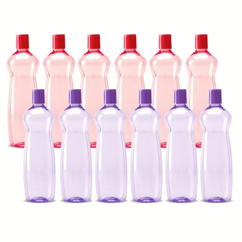 Milton Pacific 1000 Pet Water Bottles, 1 Litre Each, Set of 12, Purple and Red 1000 ml Bottle??(Pack of 12, Purple, Red, PET)