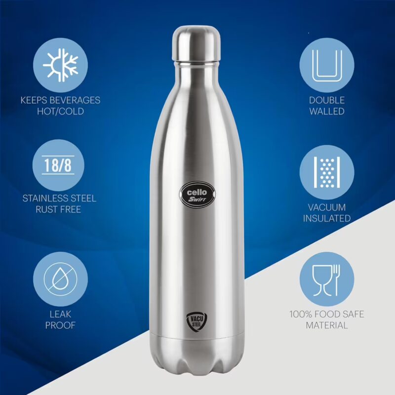 Cello Swift Stainless Steel Vacuum Insulated,Wide Mouth And Convinient Portability 1000 ml Flask??(Pack of 1, Silver, Steel)