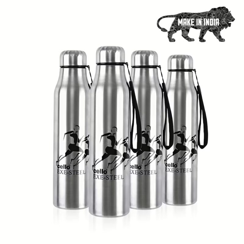 Cello Goldie Stainless Steel Water Bottle Set, 1 Litre, Set of 4 pcs, Silver 1000 ml Bottle??(Pack of 4, Silver, Steel)